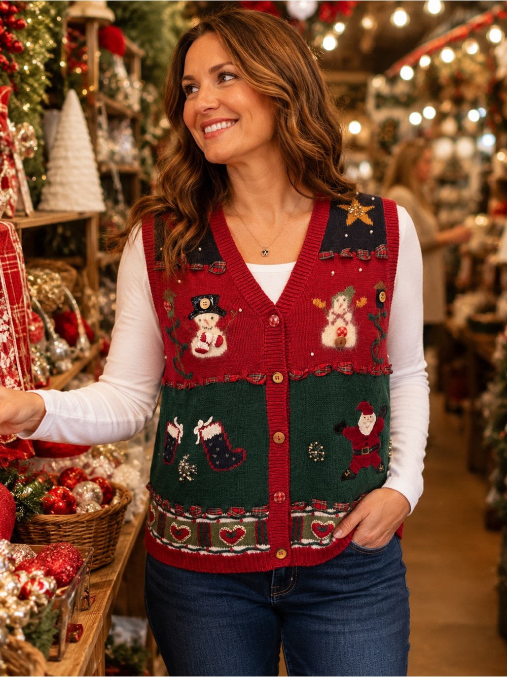 Ugly Christmas Sweater Vest Snowmen Stockings Santa Women’s Sz M Karen Scott